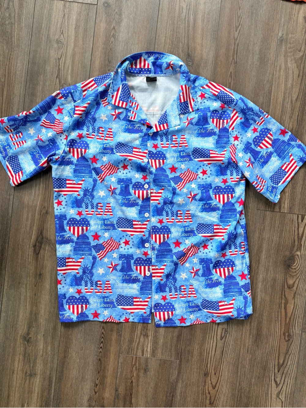 Men's Blue USA Flag Print Short-Sleeve Button-Down Shirt